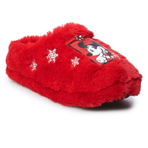 DISNEY Minnie Mouse Slippers Clog Faux Fur Holiday Festive Plush Red Small 5-6 - Picture 1 of 6